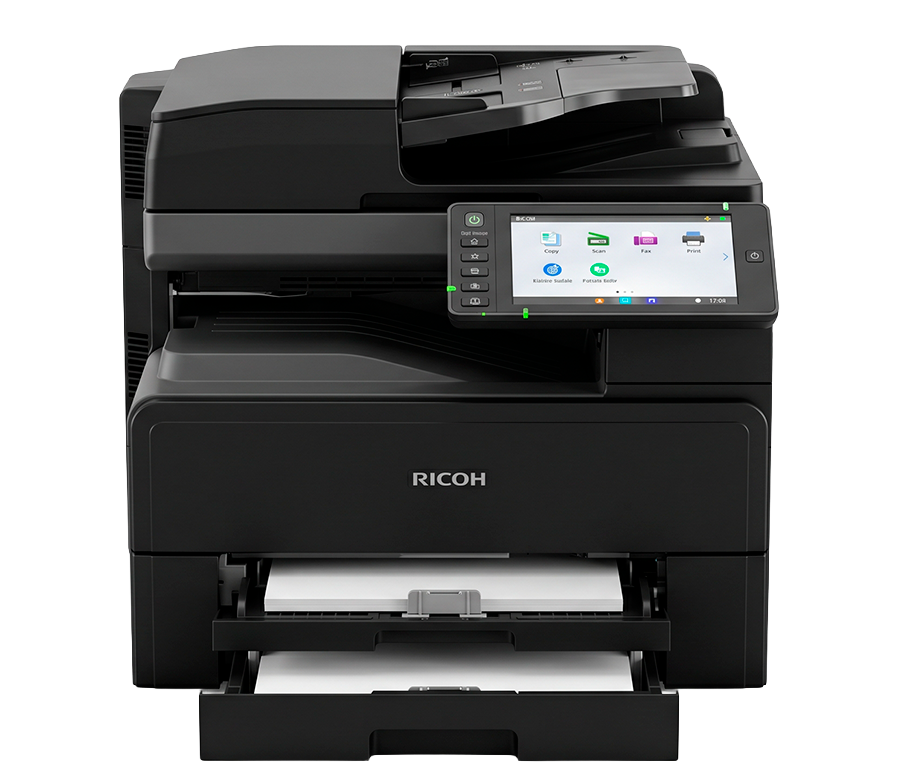 Prompt: Modern professional Ricoh multifunction printer, black and sleek design, corporate office setting, high quality product photography, clean white background, front angle view, LED display visible, professional lighting, 4K quality
